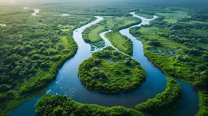 aerial view of a river delta with lush green vegetation and winding waterways, Aerial drone landscape view of a river delta, Generative Ai 