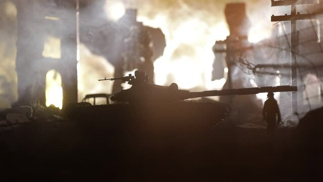 Concept of Peace: No War. A miniature ruined city after a nuclear catastrophe. A 'No War' sign stands beside a shocked person surrounded by the blazing ruins