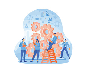 Male and female entrepreneurs develop business strategies. Work together according to tasks to achieve targets. Teamwork concept. Flat vector illustration.