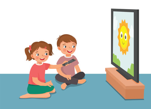 kids watching tv with remote control clip art preview