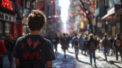 a man in a black shirt with a handprint left in chalk on his back, inscription "1 APRIL" at left on image,generative ai