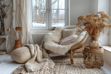 Stylish cozy contemporary design of modern apartment in Scandinavian style white and wood colors, knitted and straw elements and dried flowers
