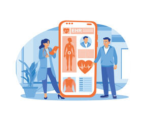 The doctor reads the patient's medication history. Telemedicine application on the smartphone. Electronic Healthcare concept. Flat vector illustration.