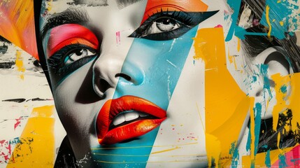 Woman with red lips and dramatic eye makeup. Vibrant paint splashes overlay - 774516687