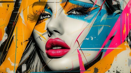 Woman's face with colorful pop art makeup and abstract design elements - 774516693
