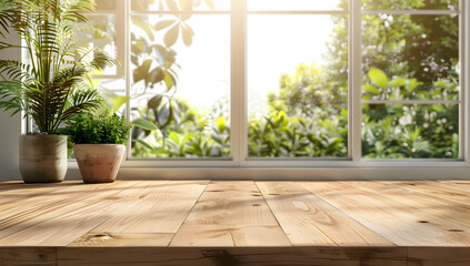 An Empty wood table top on kitchen counter. white walls. (room) background.