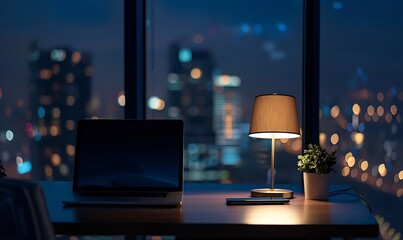 Nighttime scene, Modern office with laptop on desk, lit by table lamp