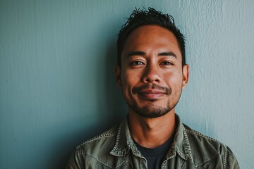 Portrait of a handsome asian man smiling against blue wall. - obrazy, fototapety, plakaty