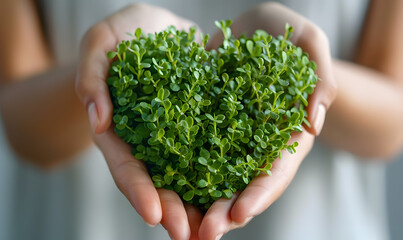 Naklejka na ściany i meble hands holding green heart shaped tree love nature save the world heal the world environmental preservation