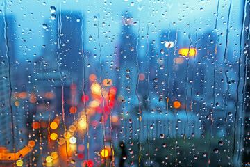 A Captivating View Through the Window with Raindrops and Blurry City Lights