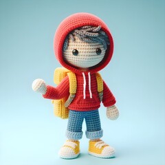 Ai Generated Crochet doll figure Young man cute excited funny smiling with backpack wears casual fashion clothes, hoodie, jeans, sneakers, is standing. 3d render