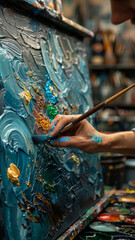 Artist's hands paint vibrant strokes on canvas, immersed in creative focus.generative ai