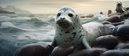 The seal is basking under the sun on the rocky surface surrounded by the water of the sea