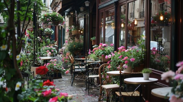 A romantic Parisian caf?(C) with wrought-iron tables, vintage bistro chairs, and colorful flower boxes spilling over with blooms, creating an idyllic setting for sipping espresso and people-watching.