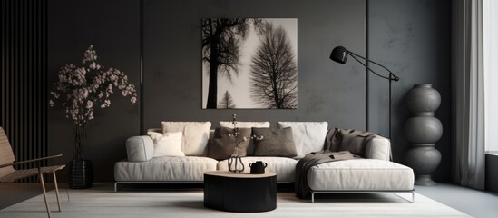 Cozy room setting featuring a detailed close up of a comfortable couch accompanied by a stylish table and a modern lamp