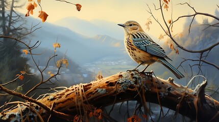 Dawn Serenade: A Thrush Gracefully Perched on a Dew-Kissed Branch, Enveloped by the Misty Morning Aura of Nature's Awakening Beauty - obrazy, fototapety, plakaty