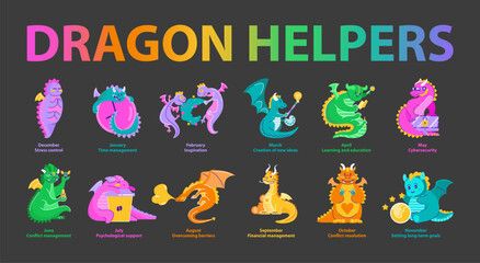 Dragon Helpers collection. Vector illustration.