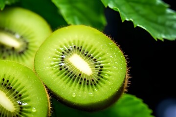Close Up View of Juicy Kiwifruit with Green Leaves in






