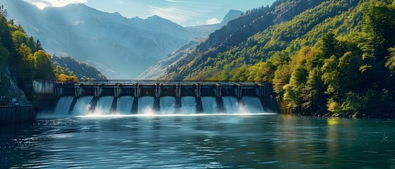 Witnessing the beauty of hydroelectricity and solar power generation in action. Concept Renewable Energy, Hydroelectricity, Solar Power Generation, Environmental Conservation, Sustainable Technology - obrazy, fototapety, plakaty