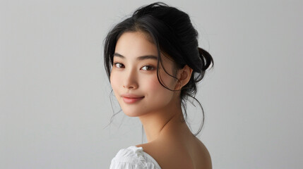 Beautiful young Asian woman with clean fresh skin looking captivatingly at the camera against a solid background. Face care, cacial treatment, cosmetology, beauty and spa