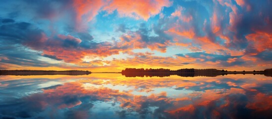 Tranquil scene of a glowing sunset reflecting in a calm lake, showcasing the beauty of clouds and trees mirrored in the water