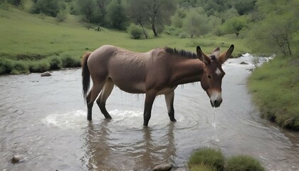 A Mule Standing In A Stream The Cool Water Splash