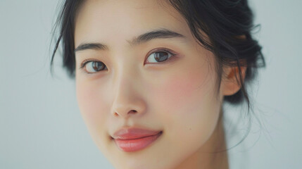 Naklejka premium Beautiful young Asian woman with clean fresh skin looking captivatingly at the camera against a solid background. Face care, cacial treatment, cosmetology, beauty and spa