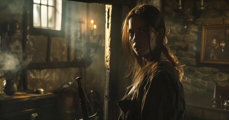 A young woman stands at the entrance of the tavern face partially obscured by the shadows hand resting on trusty crossbow . .