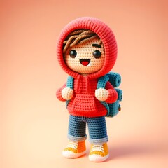 Ai Generated Crochet doll figure Young man cute excited funny smiling with backpack wears casual fashion clothes, hoodie, jeans, sneakers, is standing. 3d render