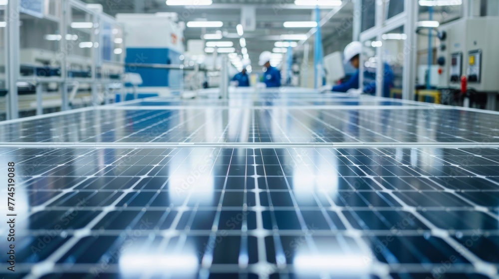 Poster a hightech solar panel production facility with rows upon rows of shiny advanced machinery. workers 