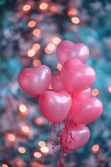 Celebration party banner background with pink heart-shaped balloons, carnival, festival or birthday balloon red background, red celebration background template