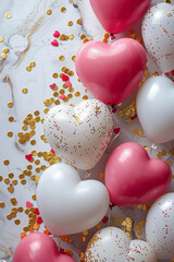 Celebration party banner background with red, pink, white and gold heart-shaped balloons, carnival, festival or birthday balloon red background, red celebration background template