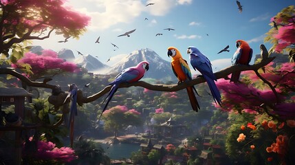 Enchanting Exotic Avian Haven: Exploring the Vibrant Tropical Paradise Brimming with Colorful Parrots Amidst Lush Foliage and Cascading Waterfalls