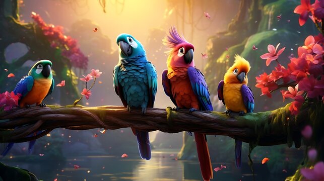 Enchanting Exotic Avian Haven: Exploring the Vibrant Tropical Paradise Brimming with Colorful Parrots Amidst Lush Foliage and Cascading Waterfalls