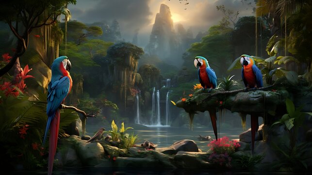 Enchanting Exotic Avian Haven: Exploring the Vibrant Tropical Paradise Brimming with Colorful Parrots Amidst Lush Foliage and Cascading Waterfalls