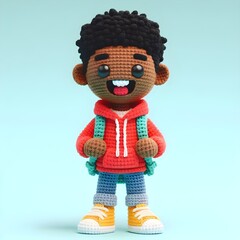 Ai Generated Crochet doll figure Young man cute excited funny smiling with backpack wears casual fashion clothes, hoodie, jeans, sneakers, is standing. 3d render