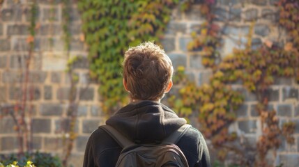 In a sunny courtyard a lone student stands facing a stone wall covered in ivy. With back to the camera they appear to be lost . .