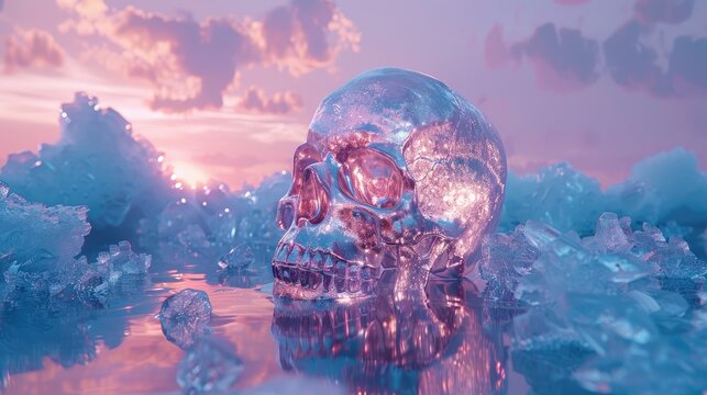 Translucent crystal skull amidst ice with a vibrant sunset backdrop