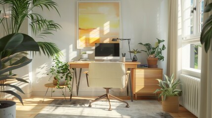 A serene and tranquil home office setup nestled in a sunlit alcove, with a minimalist desk, potted plants, and serene artwork, offering a peaceful retreat for focused work.
