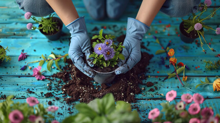 closeup of person working on flowers in pots, gardener, anti-stress hobby, plants and deco