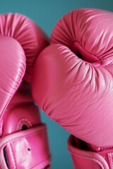 women boxing gloves on blue background, copy space text. Breast cancer awareness month concept