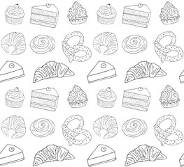 Vector seamless pattern of hand drawn sketch doodle outline bakery pies isolated on white background