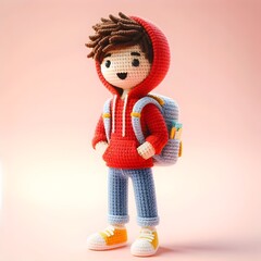Ai Generated Crochet doll figure Young man cute excited funny smiling with backpack wears casual fashion clothes, hoodie, jeans, sneakers, is standing. 3d render