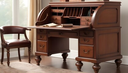 A vintage writing desk with a roll top  cherry wood finish  brass hardware  and antique look