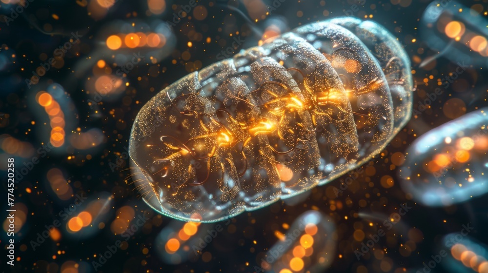 Poster a microscopic view of a mitochondrion in action showing numerous tiny bubbles of energy being releas