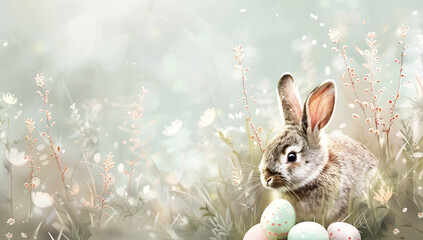Fototapeta na wymiar easter bunny and easter eggs on field