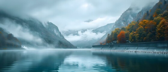 A Swiss Alps water dam reservoir providing sustainable hydropower to combat global warming. Concept Renewable Energy, Sustainability, Water Reservoirs, Swiss Alps, Hydropower - obrazy, fototapety, plakaty