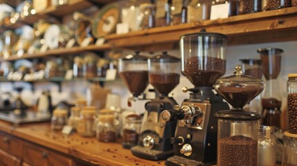 A bustling coffee counter adorned with vintage coffee grinders and jars of artisanal beans inviting customers to indulge in a freshly . .