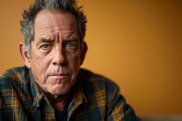 Portrait of an old man with grey hair in a plaid shirt
