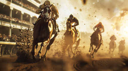 Triumphant moments at the Kentucky Derby horse race with riders galloping, set against the epic backdrop of golden sunset light over the competitors. - obrazy, fototapety, plakaty